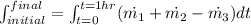 \int\limit^{final}_{initial} = \int\limit^{t=1hr}_{t=0}(\dot{m_1}+\dot{m_2}-\dot{m_3})dt
