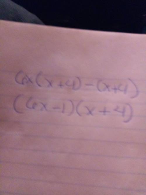 Factor the polynomial as the product of two binomials.6x(x+4) -(x+4)=6x(x+4)−(x+4)