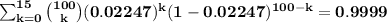 \bf \sum_{k=0}^{15}\binom{100}{k}(0.02247)^k(1-0.02247)^{100-k}=0.9999
