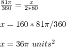 \frac{81\pi }{360}=\frac{x}{2*80}\\ \\x=160*81\pi/360\\ \\x=36\pi\ units^{2}