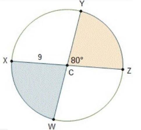 The measure of central angle ycz is 80 degrees. circle c is shown. line segments x c, w c, y c, and