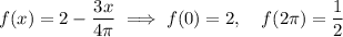 f(x)=2-\dfrac{3x}{4\pi} \implies f(0)=2,\quad f(2\pi)=\dfrac{1}{2}