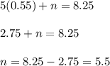 5(0.55)+n=8.25\\\\ 2.75+n=8.25\\\\ n=8.25-2.75=5.5