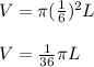 V=\pi(\frac{1}{6})^2L\\\\V=\frac{1}{36}\pi L
