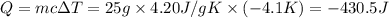 Q=mc\Delta T=25 g\times 4.20 J/g K\times (-4.1 K)=-430.5 J