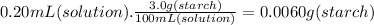 0.20mL(solution).\frac{3.0g(starch)}{100mL(solution)} = 0.0060g (starch)