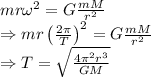 mr\omega^{2}=G\frac{mM}{r^{2}}\\\Rightarrow mr\left({\frac {2\pi}{T}}\right)^{2}=G\frac{mM}{r^{2}}\\\Rightarrow T=\sqrt{\frac{4\pi^2r^3}{GM}}