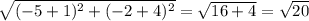 \sqrt{(-5+1)^2+(-2+4)^2}=\sqrt{16+4}=\sqrt{20}
