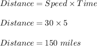 Distance=Speed\times Time\\\\Distance=30\times 5\\\\Distance=150\ miles