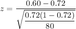 z=\dfrac{0.60-0.72}{\sqrt{\dfrac{0.72(1-0.72)}{80}}}