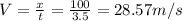 V=\frac{x}{t} =\frac{100}{3.5}=28.57m/s