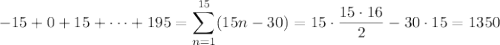 -15+0+15+\cdots+195=\displaystyle\sum_{n=1}^{15}(15n-30)=15\cdot\frac{15\cdot16}2-30\cdot15=1350