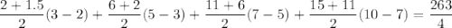 \dfrac{2+1.5}2(3-2)+\dfrac{6+2}2(5-3)+\dfrac{11+6}2(7-5)+\dfrac{15+11}2(10-7)=\dfrac{263}4