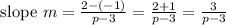 \text { slope } m=\frac{2-(-1)}{p-3}=\frac{2+1}{p-3}=\frac{3}{p-3}