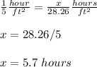 \frac{1}{5}\frac{hour}{ft^{2}} =\frac{x}{28.26}\frac{hours}{ft^{2}}\\ \\x=28.26/5\\ \\x= 5.7\ hours