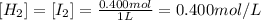 [H_{2}] = [I_{2}] = \frac{0.400 mol}{1 L} = 0.400 mol/L
