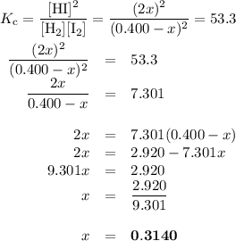 K_{\text{c}} = \dfrac{\text{[HI]$^{2}$}}{\text{[H$_{2}$][I$_2$]}} = \dfrac{(2x)^{2}}{(0.400 - x)^{2}} = 53.3\\\\\begin{array}{rcl}\dfrac{(2x)^{2}}{(0.400 - x)^{2}} &=& 53.3\\ \dfrac{2x }{0.400 - x} & = & 7.301\\\\2x & = & 7.301(0.400 - x)\\2x & = & 2.920 - 7.301x\\9.301x & = & 2.920\\x & = & \dfrac{2.920}{9.301}\\\\x & = & \mathbf{0.3140}\\\end{array}