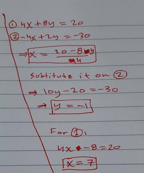 By substitution 4x + 8y = 20 -4x + 2y = -30
