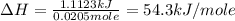 \Delta H=\frac{1.1123kJ}{0.0205mole}=54.3kJ/mole