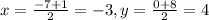 x=\frac{-7+1}{2}=-3, y=\frac{0+8}{2}=4