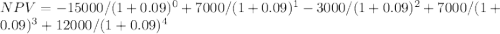 NPV=-15000/(1+0.09)^0+7000/(1+0.09)^1-3000/(1+0.09)^2+7000/(1+0.09)^3+12000/(1+0.09)^4