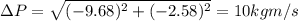 \Delta P = \sqrt{ (-9.68)^2 + (-2.58)^2} = 10 kg m/s