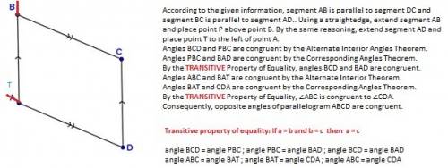 According to the given information, segment ab is parallel to segment dc and segment bc is parallel