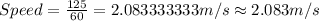 Speed=\frac {125}{60}=2.083333333 m/s\approx 2.083 m/s
