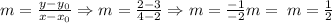 m=\frac{y-y_0}{x-x_0}\Rightarrow m=\frac{2-3}{4-2}\Rightarrow m=\frac{-1}{-2} m=\:m=\frac{1}{2}