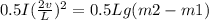 0.5I(\frac {2v}{L})^{2}=0.5Lg(m2-m1)