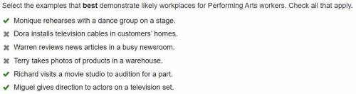 Select the examples that best demonstrate likely workplaces for performing arts workers. check all t