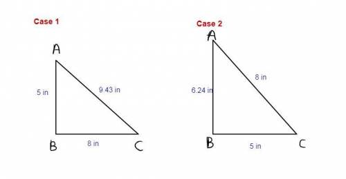 The length of two sides of a right triangle are 5in and 8 in. what is the difference between the two