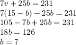 7v + 25b = 231\\7(15-b) + 25b = 231\\105-7b+25b=231\\18b=126\\b=7