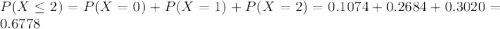 P(X \leq 2) = P(X = 0) + P(X = 1) + P(X = 2) = 0.1074 + 0.2684 + 0.3020 = 0.6778