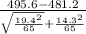 \frac{495.6-481.2}{\sqrt{\frac{19.4^2}{65}} +\frac{14.3^2}{65} } }