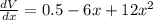 \frac{dV}{dx}=0.5-6x+12x^2