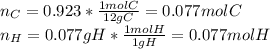 n_C=0.923*\frac{1molC}{12gC}=0.077molC\\n_H=0.077gH*\frac{1molH}{1gH}=0.077molH