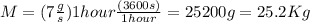 M=(7 \frac{g}{s})1hour\frac{(3600s)}{1hour} =25200g=25.2Kg