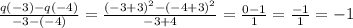\frac{q(-3)-q(-4)}{-3-(-4)} = \frac{(-3+3)^2-(-4+3)^2}{-3+4} = \frac{0-1}{1} = \frac{-1}{1} =-1