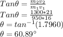 Tan\theta = \frac{m_2v_2}{m_1v_1}\\Tan\theta = \frac{1300*21}{950*16}\\\theta = tan^{-1}(1.7960)\\\theta = 60.89\°
