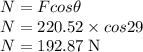 N=Fcos\theta\\N= 220.52 \times cos 29\\N=192.87 \;\rm N
