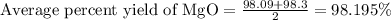 \text{Average percent yield of MgO}=\frac{98.09+98.3}{2}=98.195\%