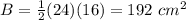B=\frac{1}{2}(24)(16)=192\ cm^{2}