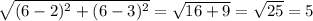 \sqrt{(6-2)^{2}+(6-3)^{2}}=\sqrt{16+9}=\sqrt{25}=5
