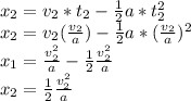 x_2=v_2*t_2-\frac{1}{2} a*t_2^2\\x_2=v_2(\frac{v_2}{a}) -\frac{1}{2} a*(\frac{v_2}{a}) ^2\\x_1=\frac{v_2^2}{a} -\frac{1}{2} \frac{v_2^2}{a} \\x_2=\frac{1}{2} \frac{v_2^2}{a}