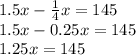 1.5x-\frac{1}{4}x=145\\1.5x-0.25x=145\\1.25x=145