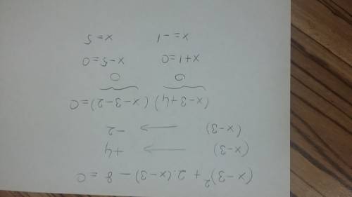 What are the solutions of the equation (x – 3)2 + 2(x – 3) – 8 = 0?  use u substitution to solve. x