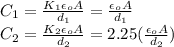 C_1=\frac{K_1\epsilon_oA}{d_1}=\frac{\epsilon_oA}{d_1}\\C_2=\frac{K_2\epsilon_oA}{d_2}=2.25(\frac{\epsilon_oA}{d_2})