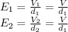 E_1=\frac{V_1}{d_1}=\frac{V}{d_1}\\E_2=\frac{V_2}{d_2}=\frac{V}{d_1}