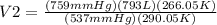 V2 =\frac{(759mmHg)(793L)(266.05K)}{(537mmHg)(290.05K)}